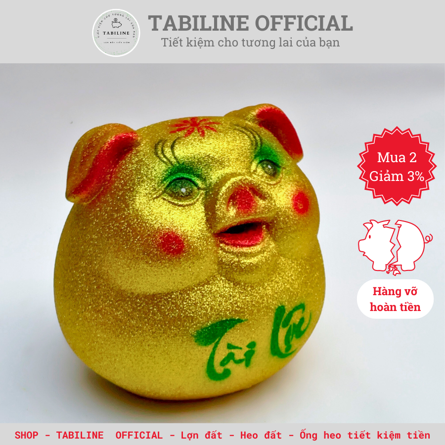 Lợn đất heo đất ống heo tiết kiệm tiền TABILINE Size vừa lật đật kim tuyến vàng LD16