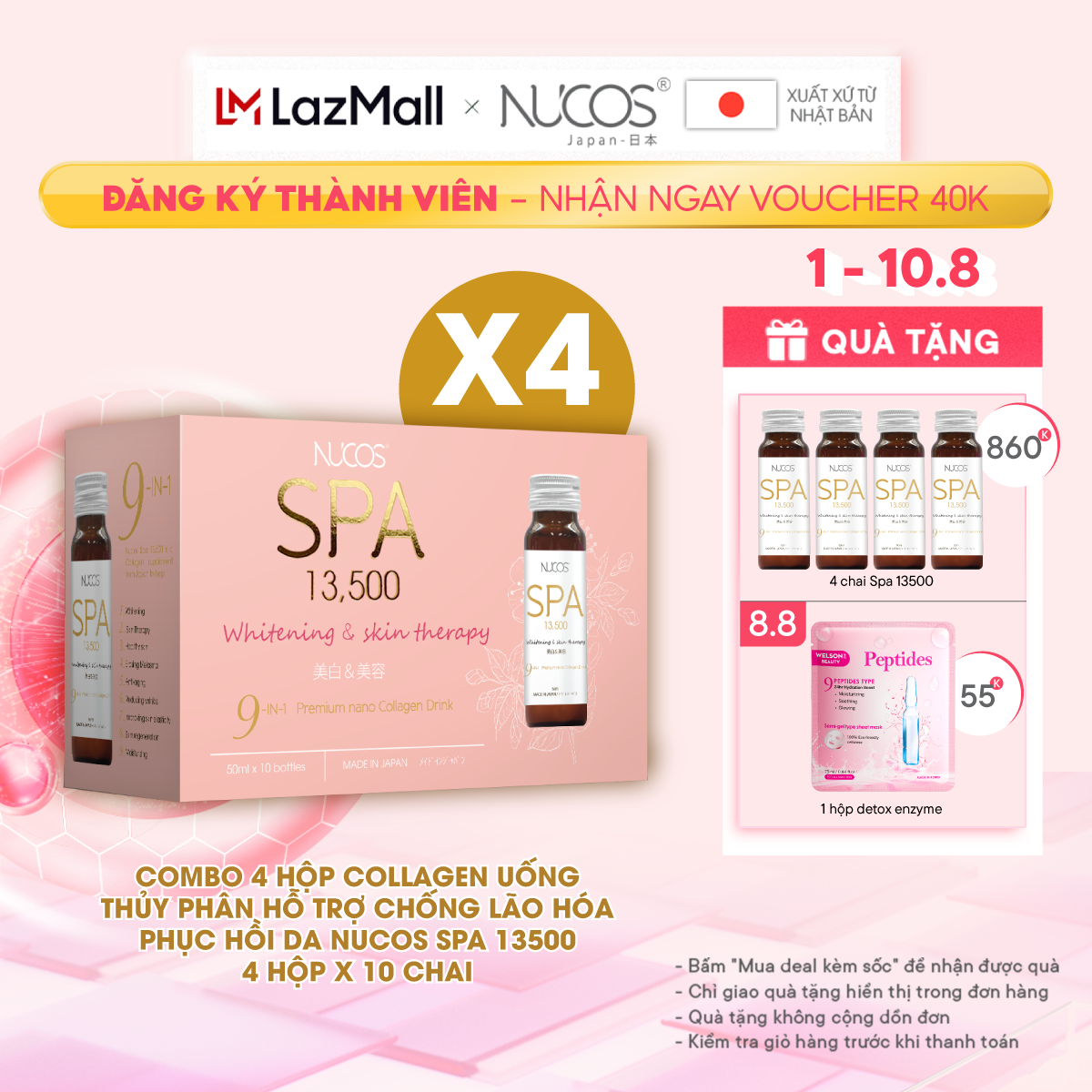 Combo 4 hộp Collagen uống thủy phân chống lão hóa phục hồi da Nucos Spa 13500 hộp 10 chai x 50ml