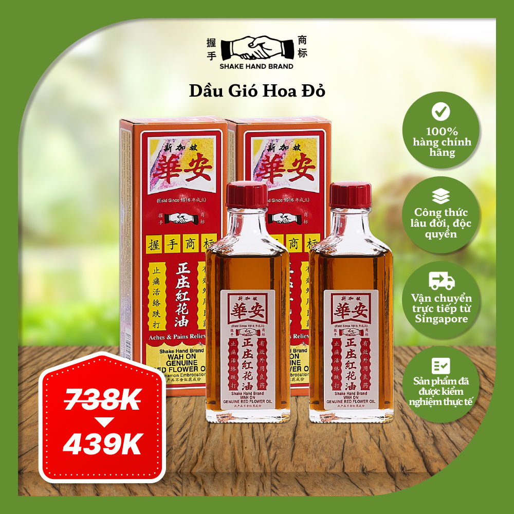 Dầu gió Singapore Hoa đỏ Shake Hand Wah On Chính Hãng với tinh dầu lá quế