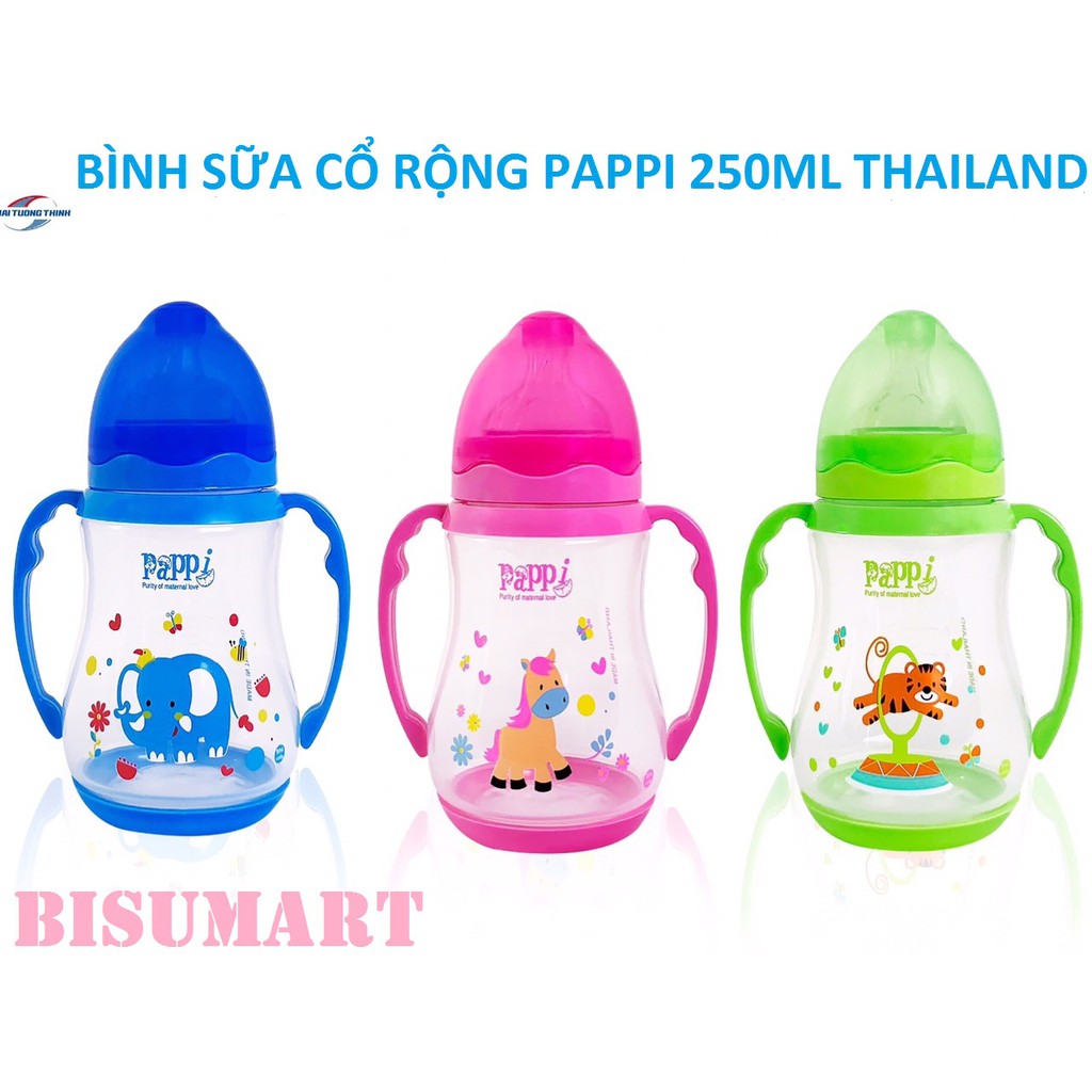 HCMCOMBO 3 Bình Sữa PP cổ rộng tay cầm Pappi 250ml Thailand BPA FREE