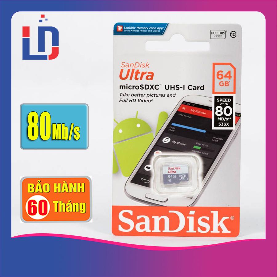 Thẻ nhớ micro SD sandisk Ultra 64GB class 10 U1 80Mb/s SDXC - MUL 64