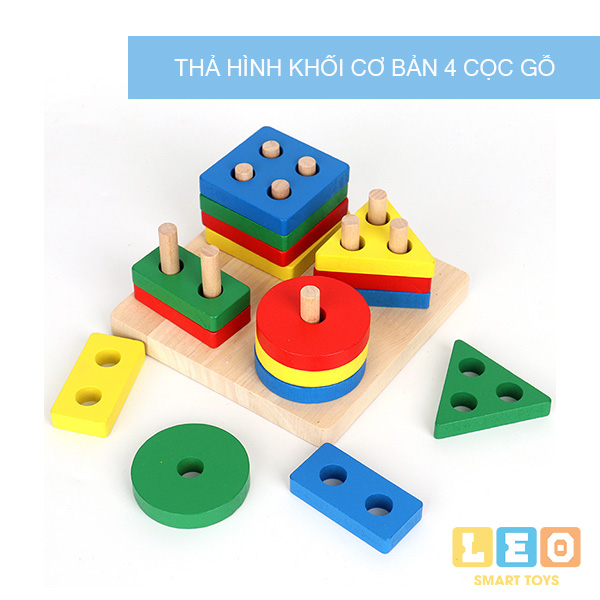 Bộ 4 hình khối nhiều màu thả cọc gỗ - Đồ chơi gỗ thông minh