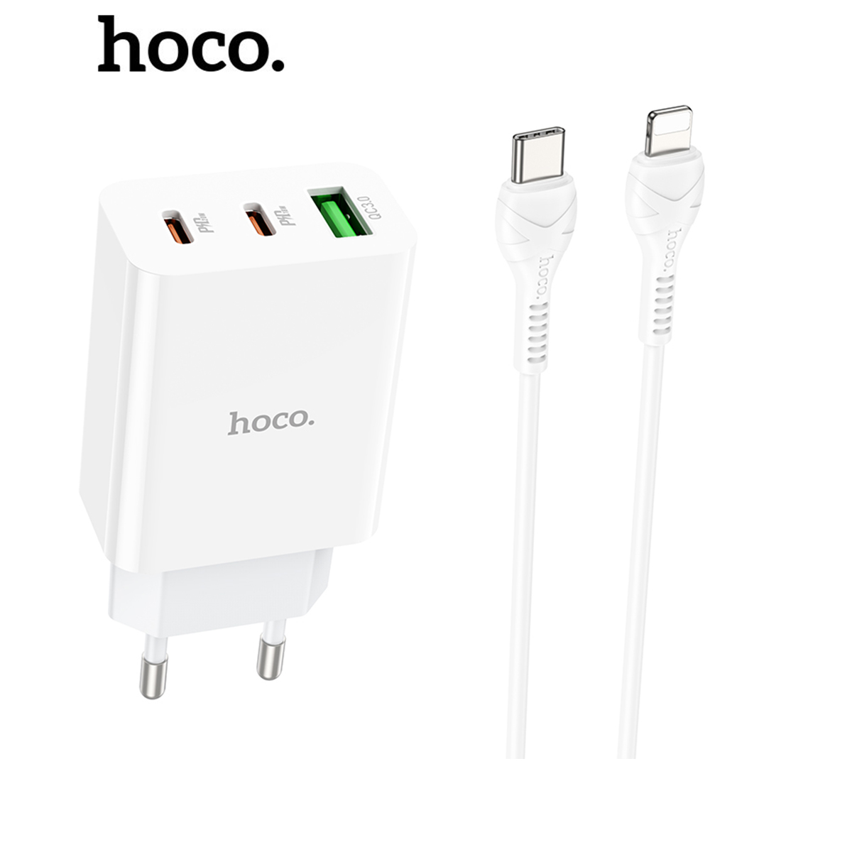 Bộ sạc nhanh pd20w/18w hoco c99a gồm 1 cổng usb và 2 cổng type-c cho iphone, android dây dài 1m