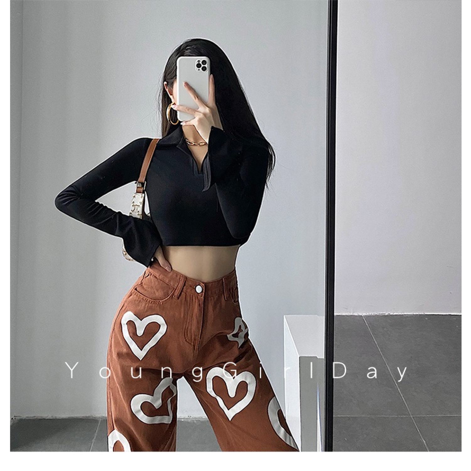 Áo croptop cổ bẻ polo tay dài thun mịn co giãn A066 Áo thun có túi ngực đen trắng trơn basic trẻ trυng