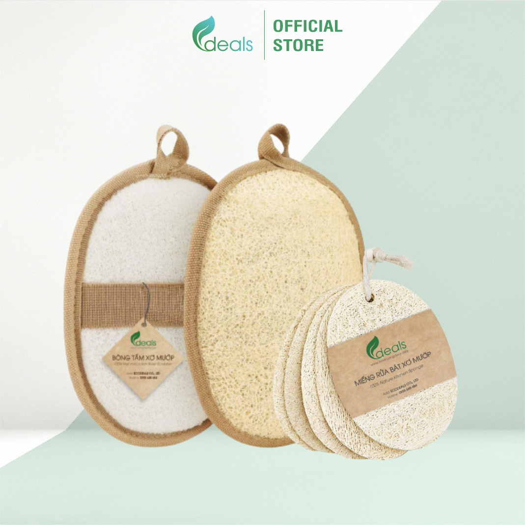 Combo 2 bông tắm xơ mướp ecodeals 100% hữu cơ - tặng 1 xơ mướp rửa chén - nhẹ nhàng tẩy da chế, ngừa mụn lưng, massage siêu đã