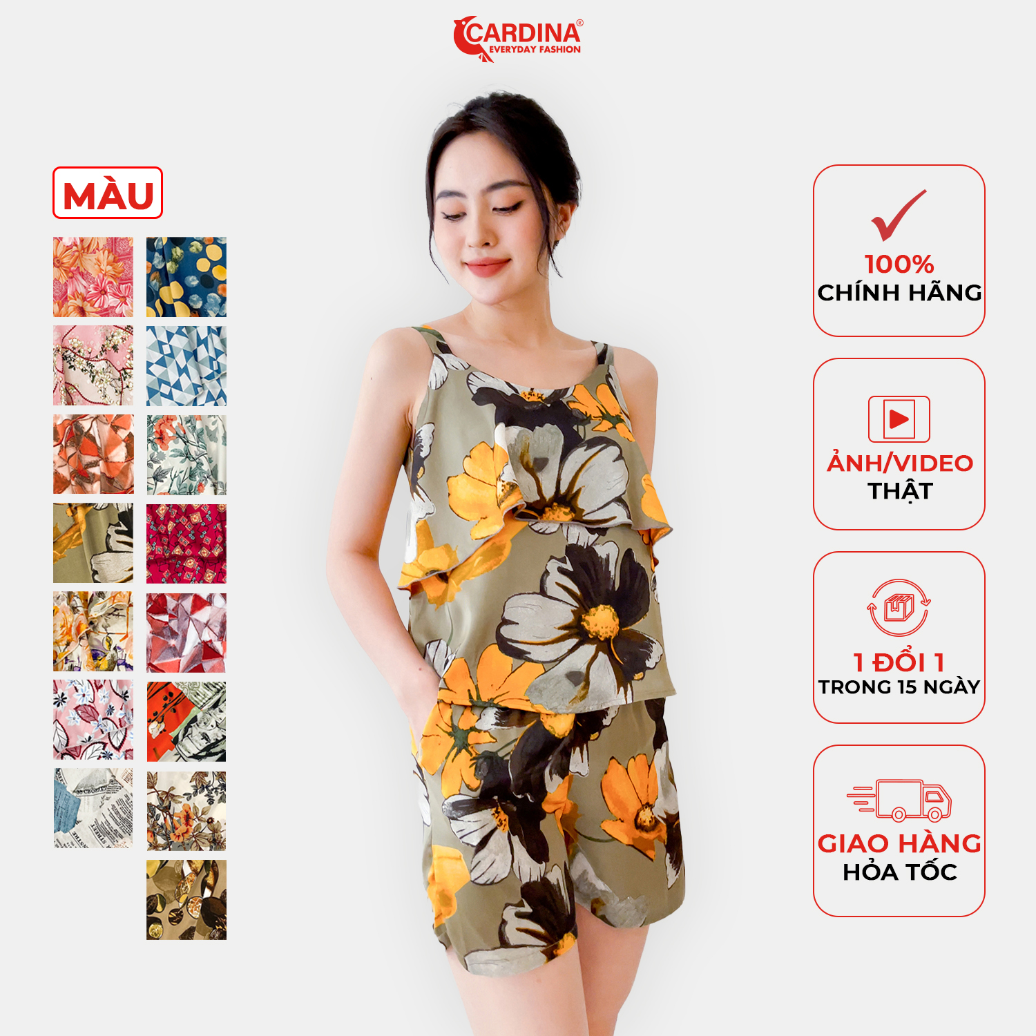 Đồ bộ nữ 𝐂𝐀𝐑𝐃𝐈𝐍𝐀 chất lụa satin cao cấp quần đùi áo hai dây họa tiết quyến rũ 2sf12