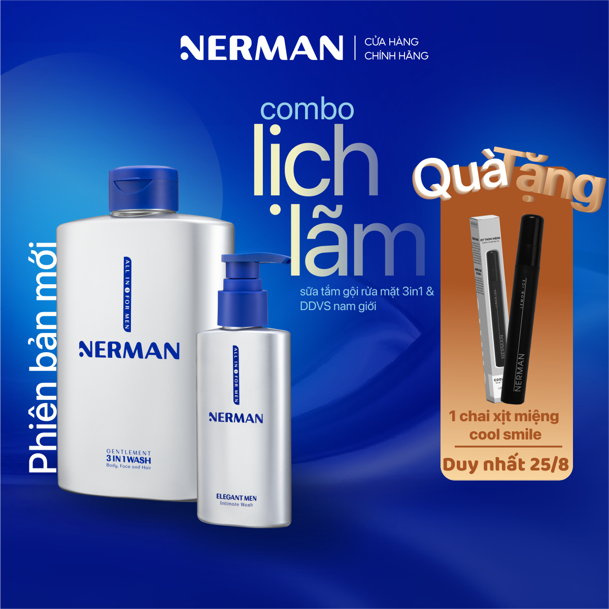 Combo Lịch Lãm Nerman - Sữa Tắm Gội Gentleman 3-In-1 Hương Nước Hoa Cao Cấp 350ml & Gel Vệ Sinh Nam Elegant 100g