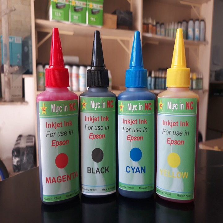 Bộ 4 chai mực bơm in phun Epson màu chuẩn, bảo vệ đầu phun. Là mực nước nạp, đổ cho máy in Inkjet Ink Epson