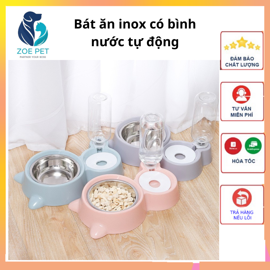 Bát đôi cho chó mèo có bình nước tự động giúp cho các bé chăm uống nước mà không bị rớt ra ngoài, bát to cho chó thoải mái
