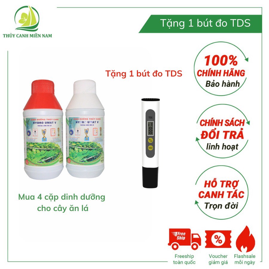 COMBO 4 CẶP DINH DƯỠNG THỦY CANH HYDRO UMAT V (CHO CÂY ĂN LÁ) TẶNG KÈM 1 BÚT ĐO TDS