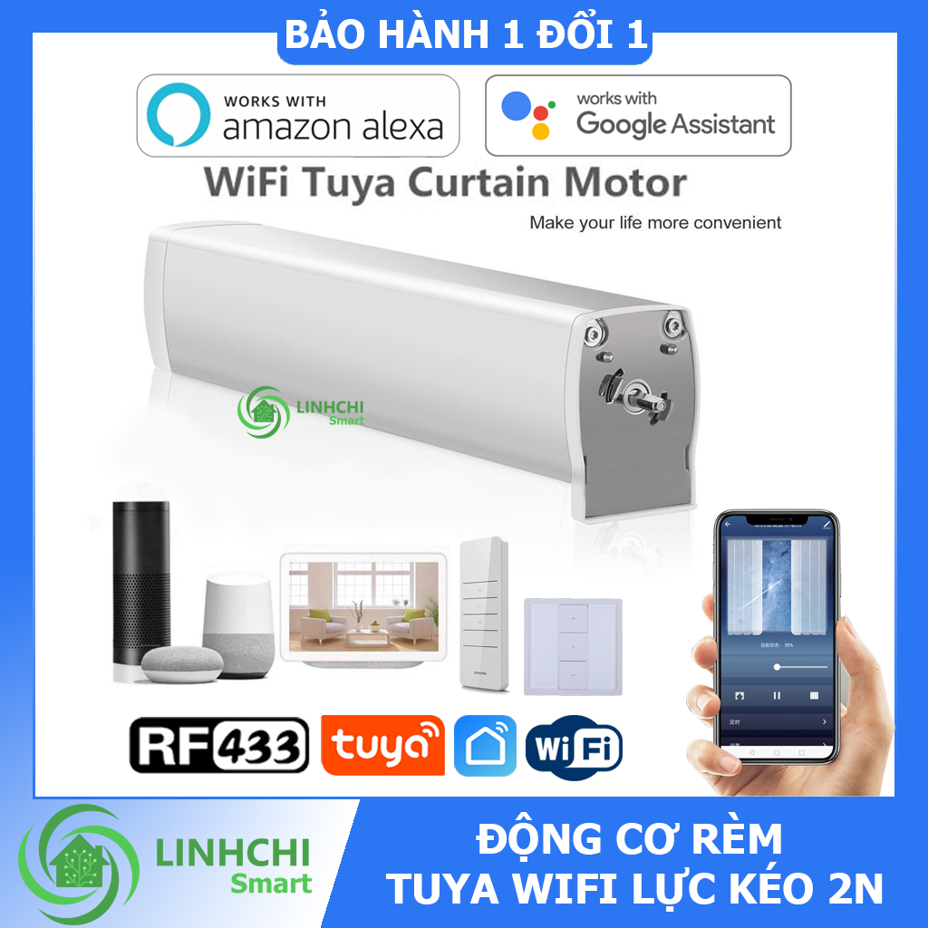 Động cơ rèm Tuya Wifi lực kéo 2N điều khiển từ xa, hẹn giờ đóng mở rèm tự động sử dụng App Tuya smart, SmartLife - Hỗ trợ Alexa, Google assistant