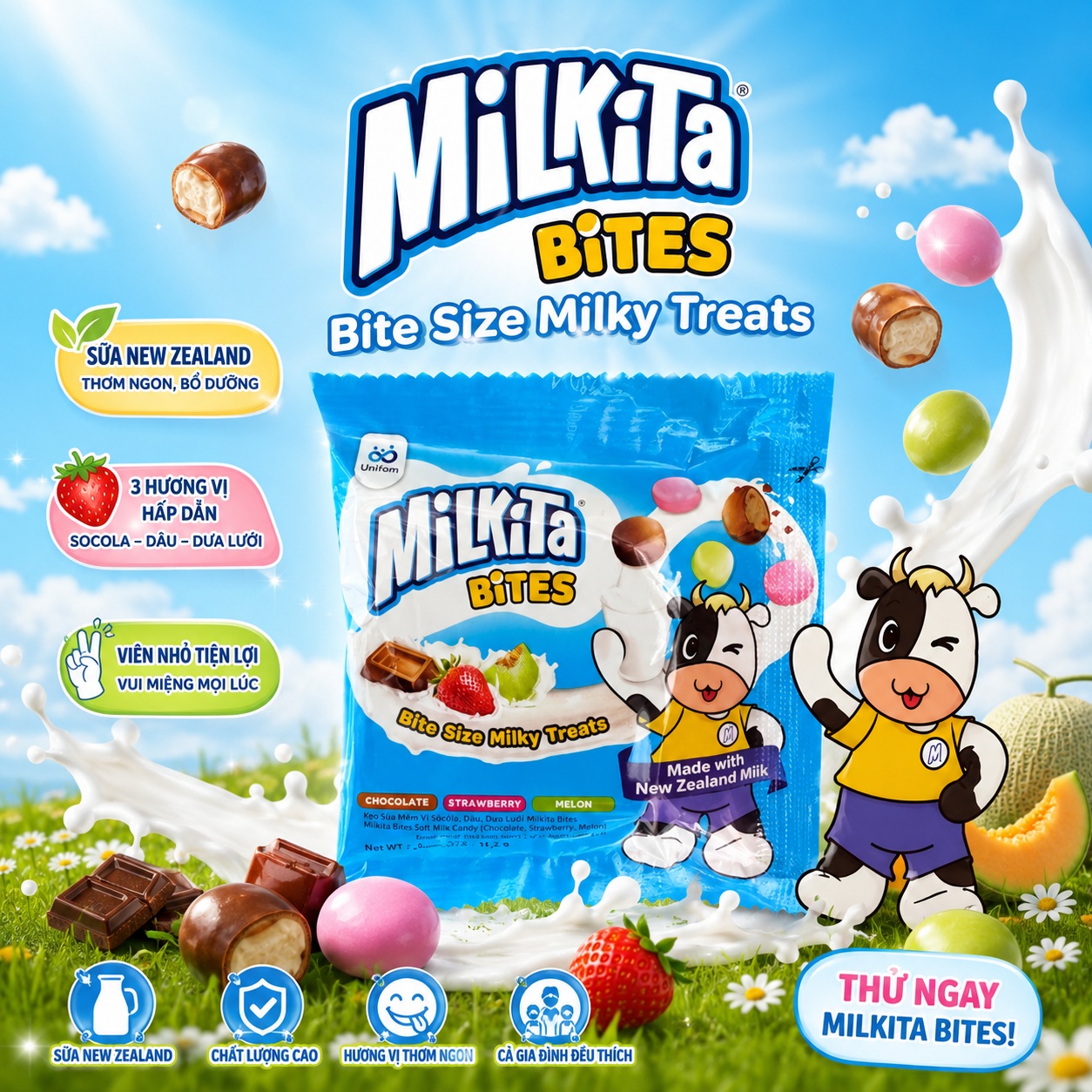 combo 10 KẸO SỮA MỀM VỊ SOCOLA, DÂU, DƯA LƯỚI MILKITA 11.2G