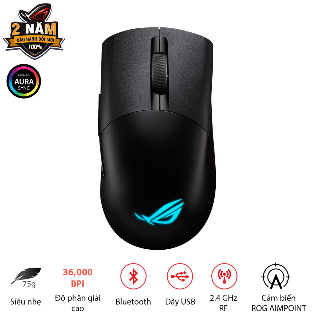 Chuột gaming ASUS FPS không dây ROG KERIS Wireless AIMPOINT màu đen, cảm biến ROG Aimpoint độc quyền 36000 DPI, switch dễ thay thế, ROG SpeedNova, Cáp Paracord