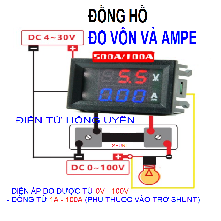 Đồng hồ vừa đo Vôn vừa đo Ampe 0V - 100V. Vôn kế - Ampe kế. Báo điện áp và dòng tải của thiết bị, làm báo bình acquy pin lithium và đo dòng tải của thiết bị 1A - 10A - ĐIỆN TỬ HỒNG UYÊN
