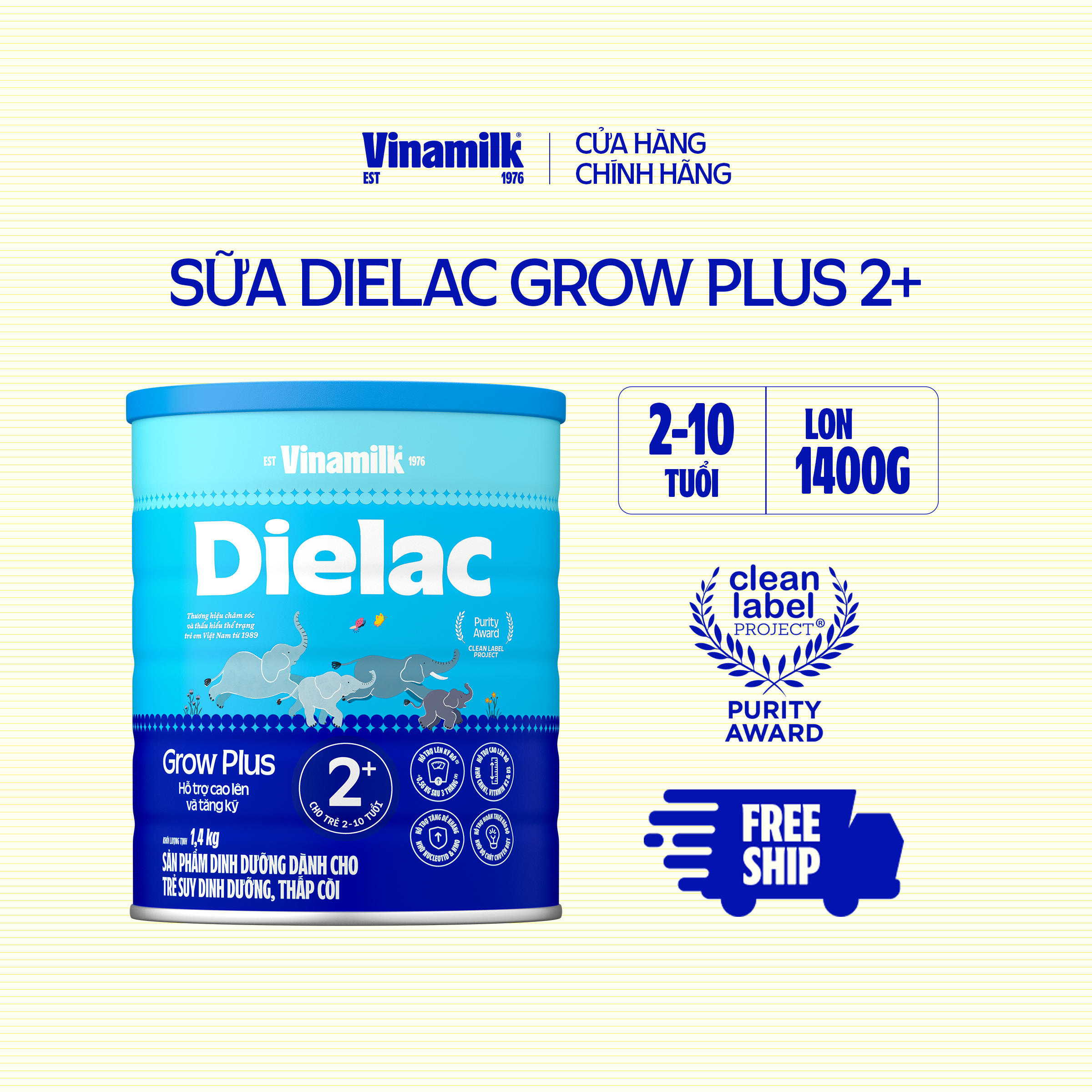 Sữa Non Vinamilk Dielac Grow Plus 2+ HT 1400g (Sữa bột Cho Trẻ Từ 2 - 10 Tuổi) -Tăng cân cao khỏe, hỗ trợ Trẻ suy dinh dưỡng, thấp còi