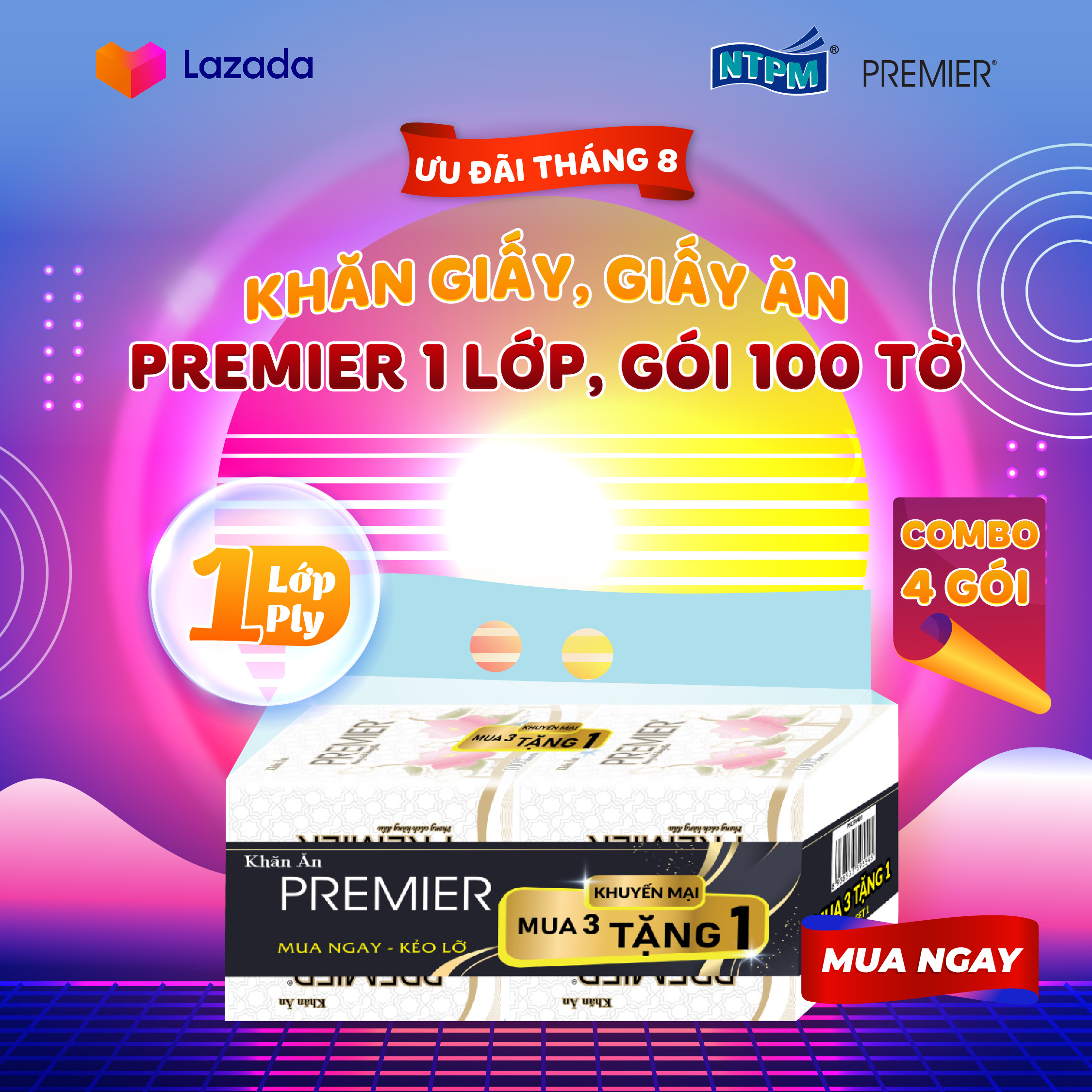 Khăn giấy, giấy ăn Premier 1 lớp 100% bột giấy nguyên sinh, không chất tẩy gói 100 tờ