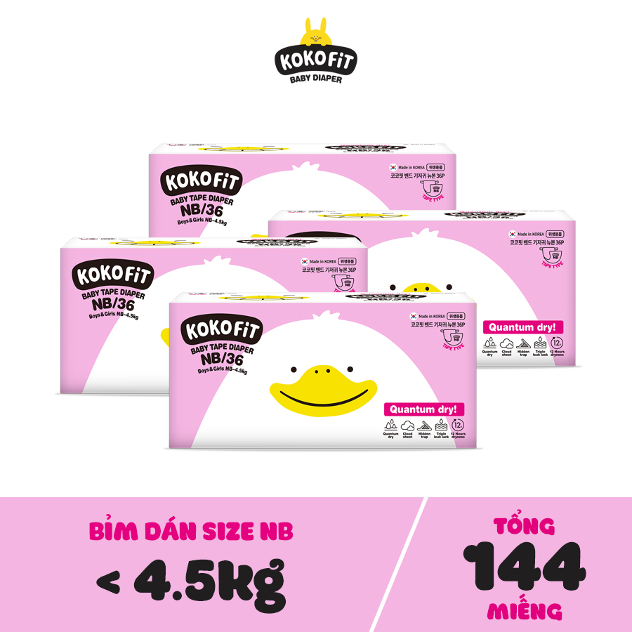 Nguyên thùng tã dán kokofit hàn quốc cho bé dưới 4,5kg size newborn - 144 miếng