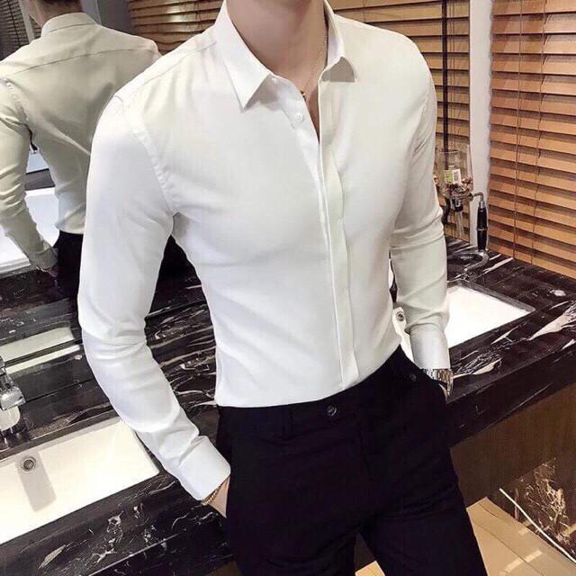 Áo sơ mi nam trắng dài tay dáng ôm, sơ mi nam vải chống nhăn cao cấp