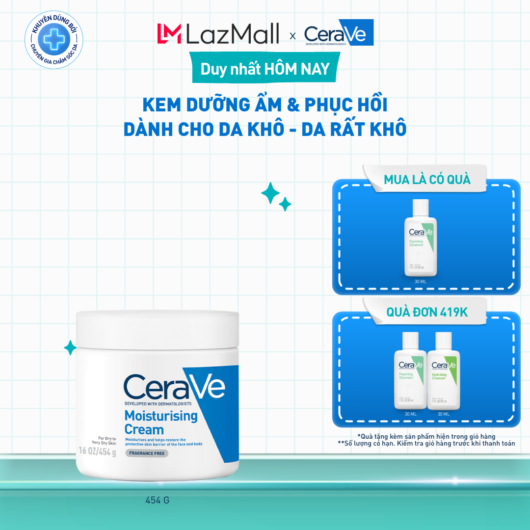 Kem dưỡng ẩm phục hồi sâu và ẩm mịn suốt 48H dành cho da khô, duy trì hàng rào bảo vệ da CERAVE MOISTURISING CREAM 454G