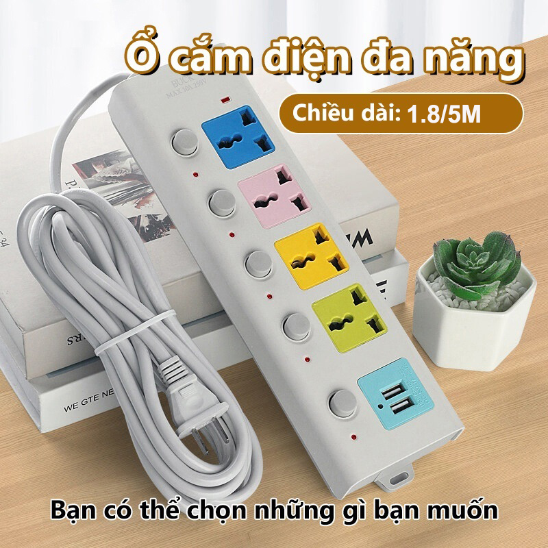 Ổ cắm điện đa năng, ổ cắm đa năng 4 cổng kèm 2 cổng sạc usb cáp 1.8/5m