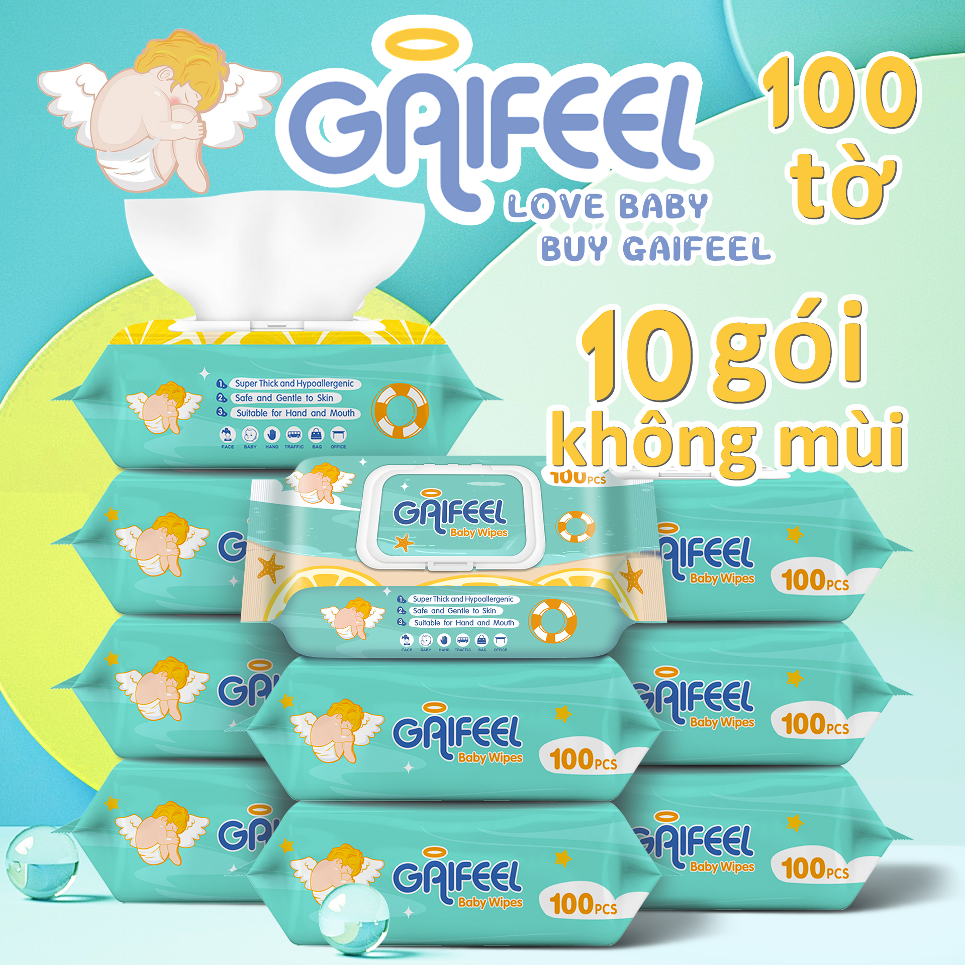 Gaifeel khăn ướt khăn giấy ướt khăn lau trẻ em 100 chiếc khăn lau trẻ em không mùi x 10 gói