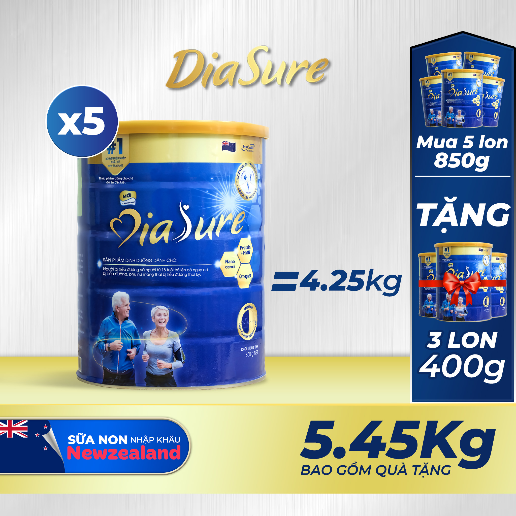 Sữa Non Diasure 850G bổ sung thêm Nano Canxi, Omega3, Protein HMB -Sữa dành cho người tiểu đường