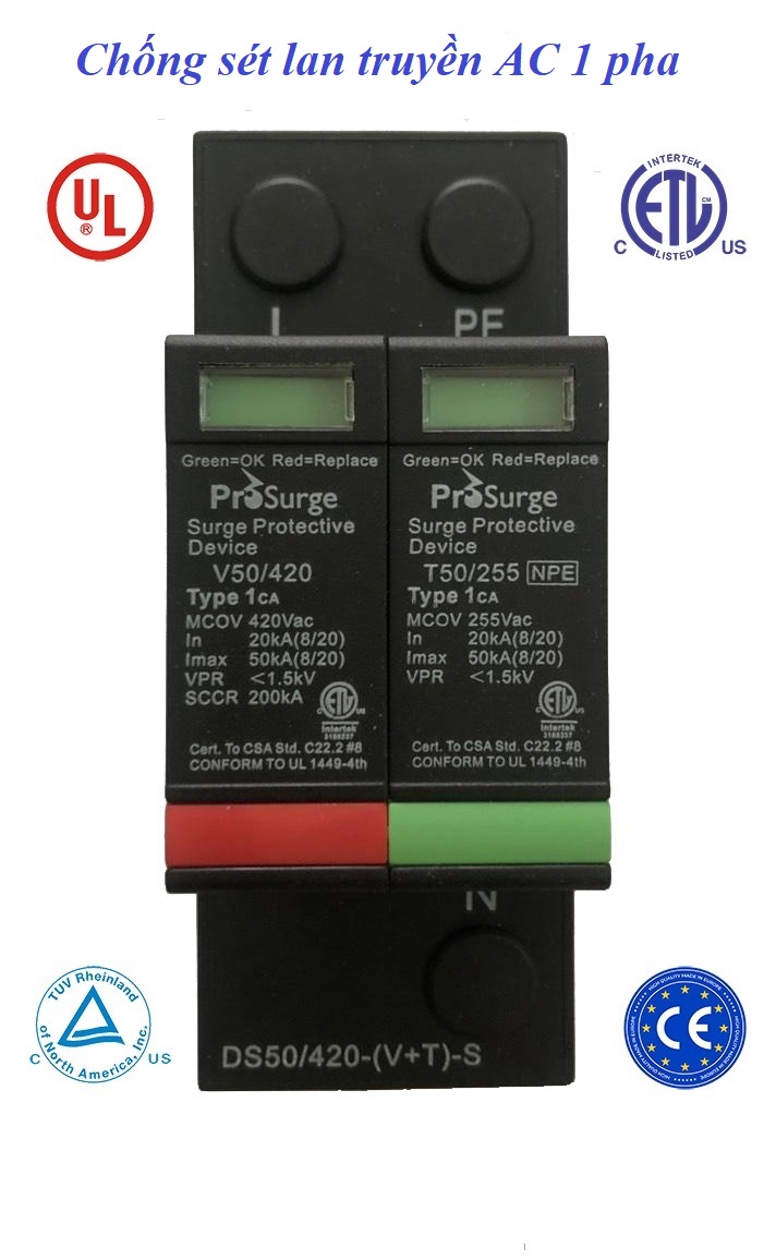 Chống sét cho nhà ở, điện gia đình 1 pha dòng cắt sét 50ka 8/20us prosurge mỹ ds50/420--