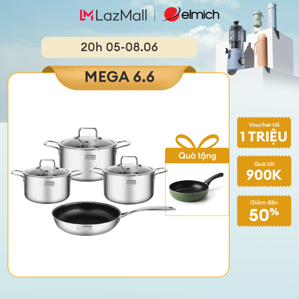 (MEGA 6.6)Bộ nồi Inox dập nguyên khối Elmich Trimax Classic EL-2110OL Size 18, 20, 24, chảo 26cm