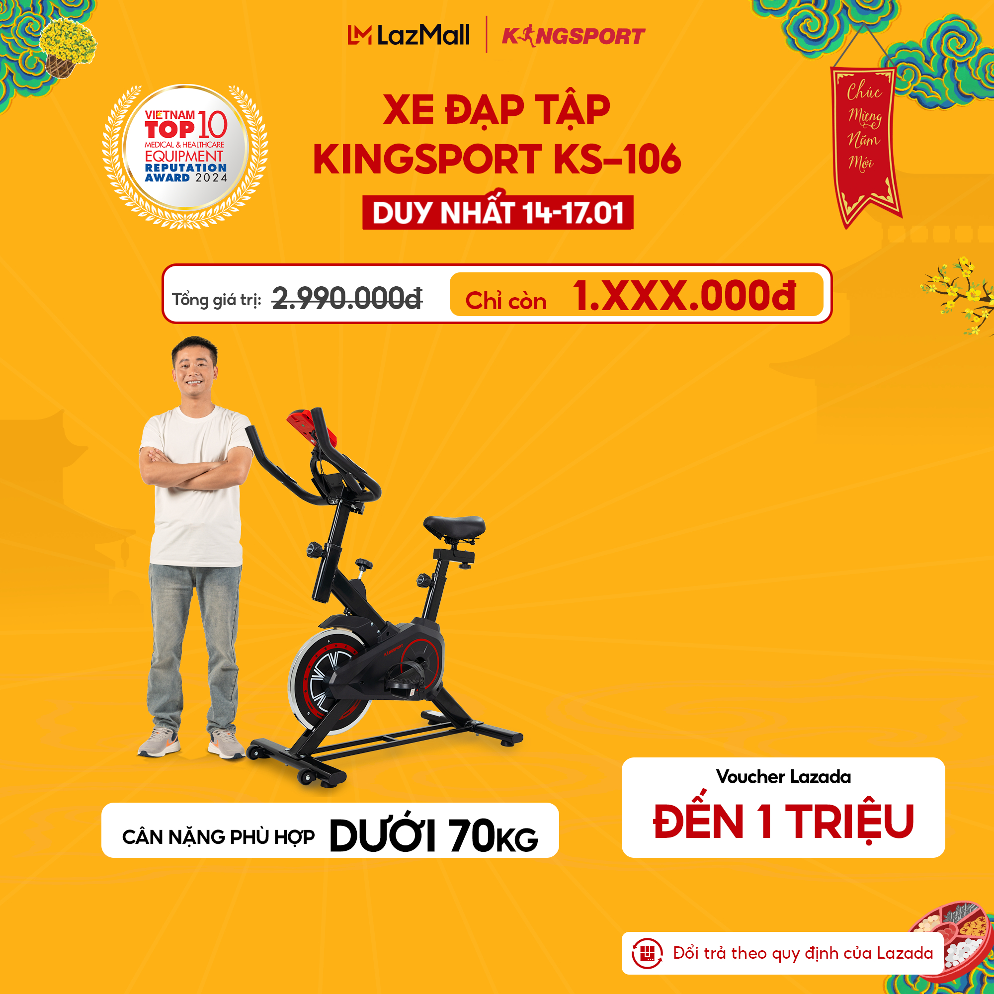 [Miễn phí lắp đặt toàn quốc] Xe đạp tập KINGSPORT KS-106 khung ,  khung sườn chắc chắn, tích hợp đồng hồ đo lường chỉ số, cân nặng phù hợp từ dưới 70kg