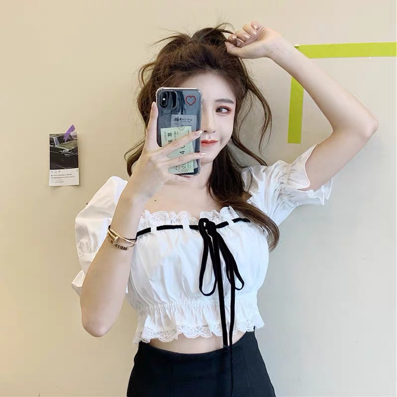 Áo croptop kiểu cổ vuông tay ngắn pinkstore29, dáng phồng phối ren tiểu thư a5370