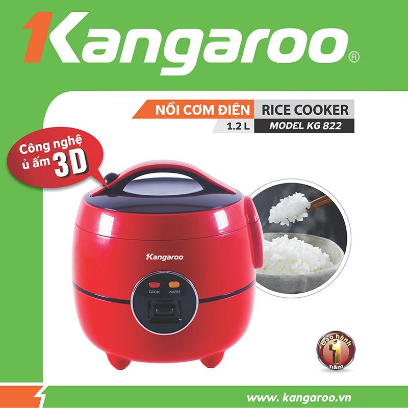 Nồi cơm điện Kangaroo 1.2 lít KG822 Lòng nồi 2 lớp, dày 2 mm, phủ hợp kim nhôm tráng men chống dính bền tốt Áp dụng công nghệ nấu 3D, nấu chín từ 25 - 30 phút, cơm ngon và tiết kiệm điện.