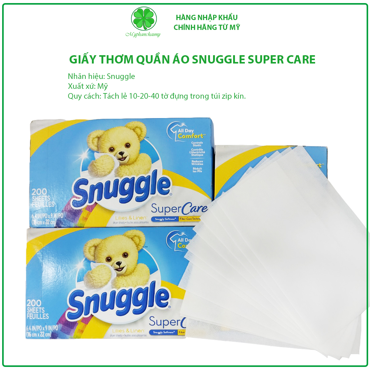Giấy thơm quần áo snuggle super care mỹ lẻ 10 tờ, 20 tờ, 40 tờ