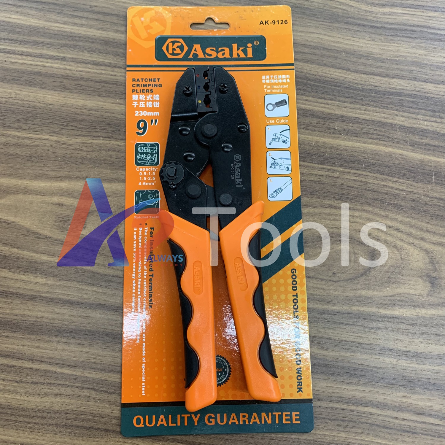 0.5-6mm2 kìm bấm cosse chỉa bọc nhựa 9in/230mm asaki ak-9126