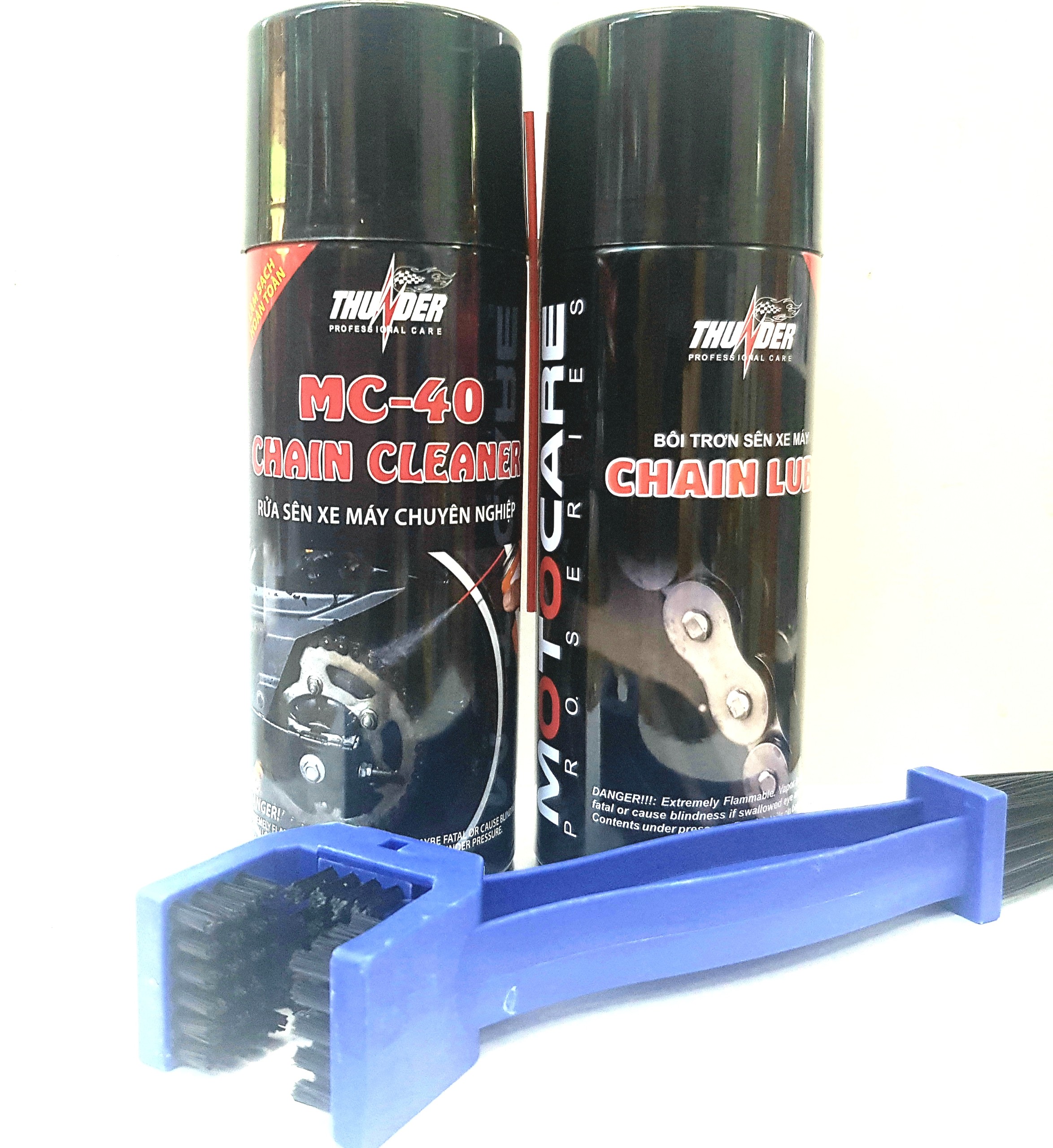 Bộ sản phẩm vệ sinh sên MC-40 400ml, Bôi trơn dưỡng sên Thunder Chain Lube 400ml và bàn chải sên chuyên nghiệp