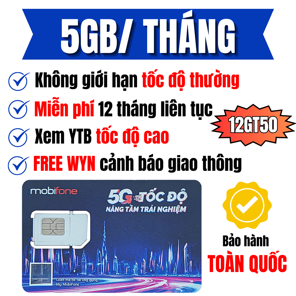 SIM 4G 5G Mobifone 12GT50 Chuyên Gắn Ô Tô, Xem YouTube Không Tốn Data, Miễn Phí 5GB/Tháng Xài Trọn G