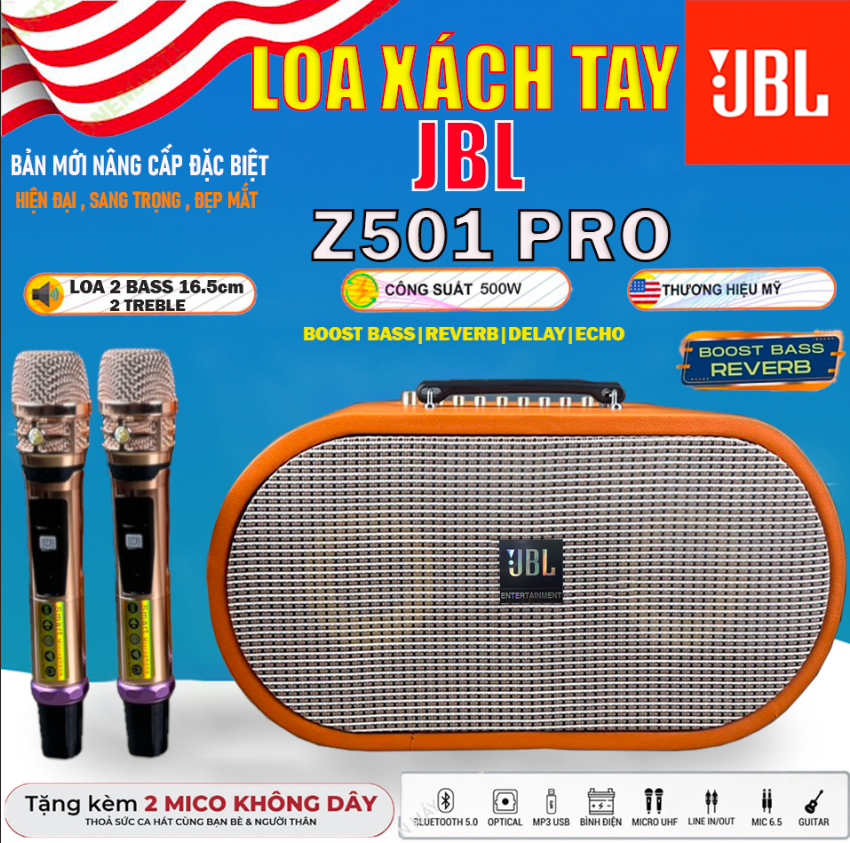 Loa Xách Tay Karaoke JBL Z501 PRO Kèm 2 Micro Siêu Ngon Công Suất Cực Đại 600W Loa 2 Bass 20cm Siêu Trầm 2 Treble Âm Thanh Sáng Ấm Bass Cực Mạnh Bluetooth 5.0 AUX USB Bộ Xử Lý DSP Echo Delay Reve