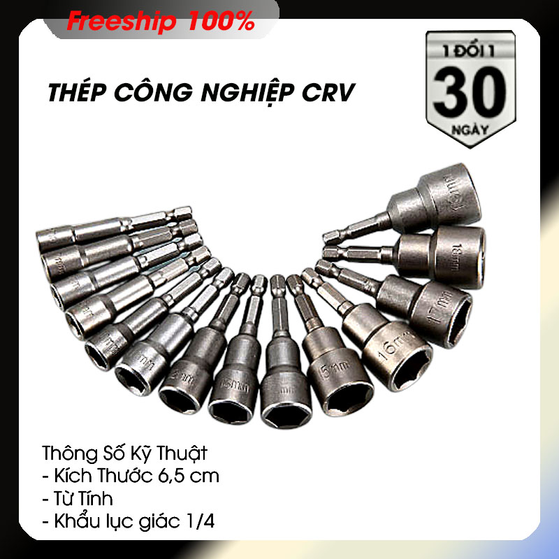 Bộ phụ kiện 14 đầu vặn ốc luc giác dài 6.5 cm, 6 đến 19 MM. thép công nghiệp có nam châm từ tính - sử dụng máy bắn vặn ốc.