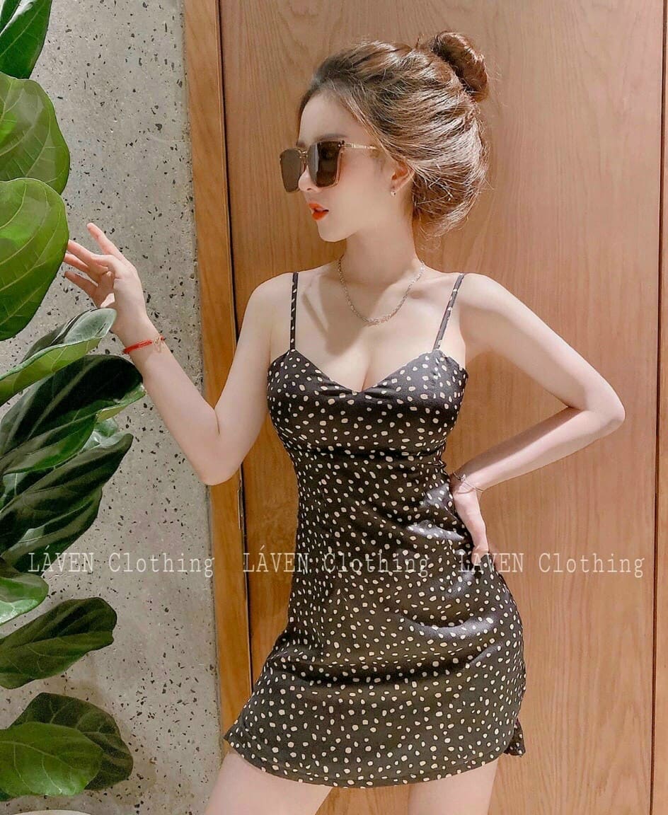 Đầm nữ kiểu dáng 2 dây chất liệu lụa cao cấp thiết kế chấm bi thời trang hari