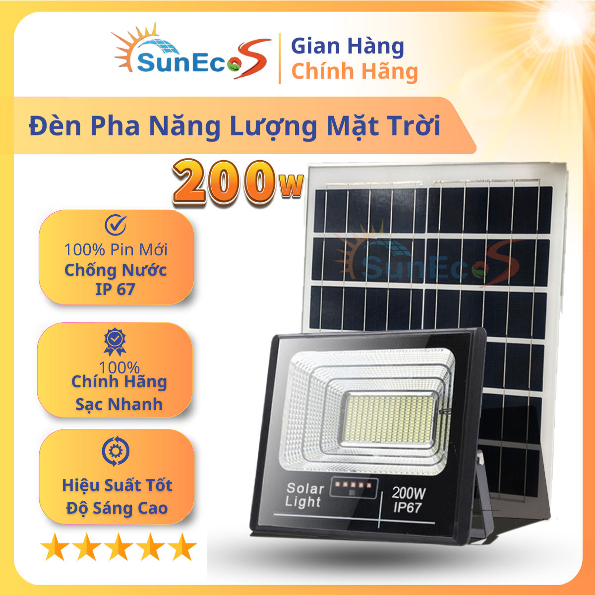 Đèn năng lượng mặt trời 200W có đèn báo dung lượng pin, đèn pha led năng lượng mặt trời, đèn led năng lượng mặt trời IP67, đèn sân vườn hộp đèn bằng nhôm đúc nguyên khối, chống nước - Bảo hành 2 năm
