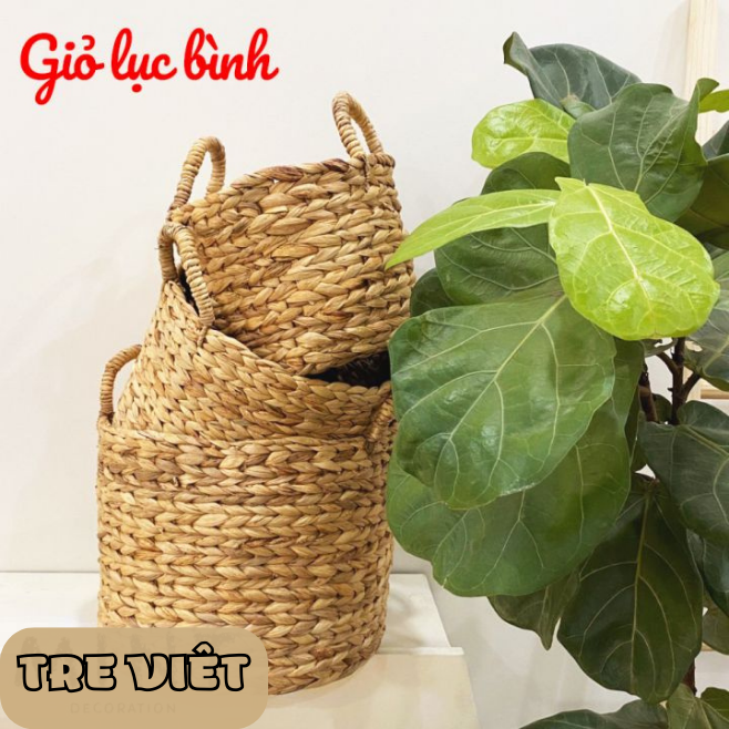 Giỏ lục bình đựng đồ hình tròn - Sọt lục bình - Giỏ mây đựng đồ - Khay lục bình đa năng - Trồng cây - Trang trí - Chứa đồ - Có tay cầm - Sọt đựng quần áo - Hàng thủ công Việt Nam -Giỏ mây tre đan