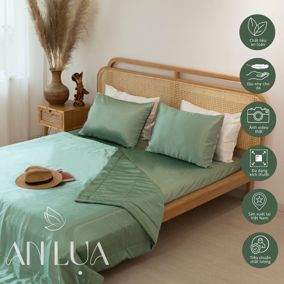 Bộ chăn drap 5 món An Lụa vải lụa mịn mát và thân thiện cho da - Xanh đậu