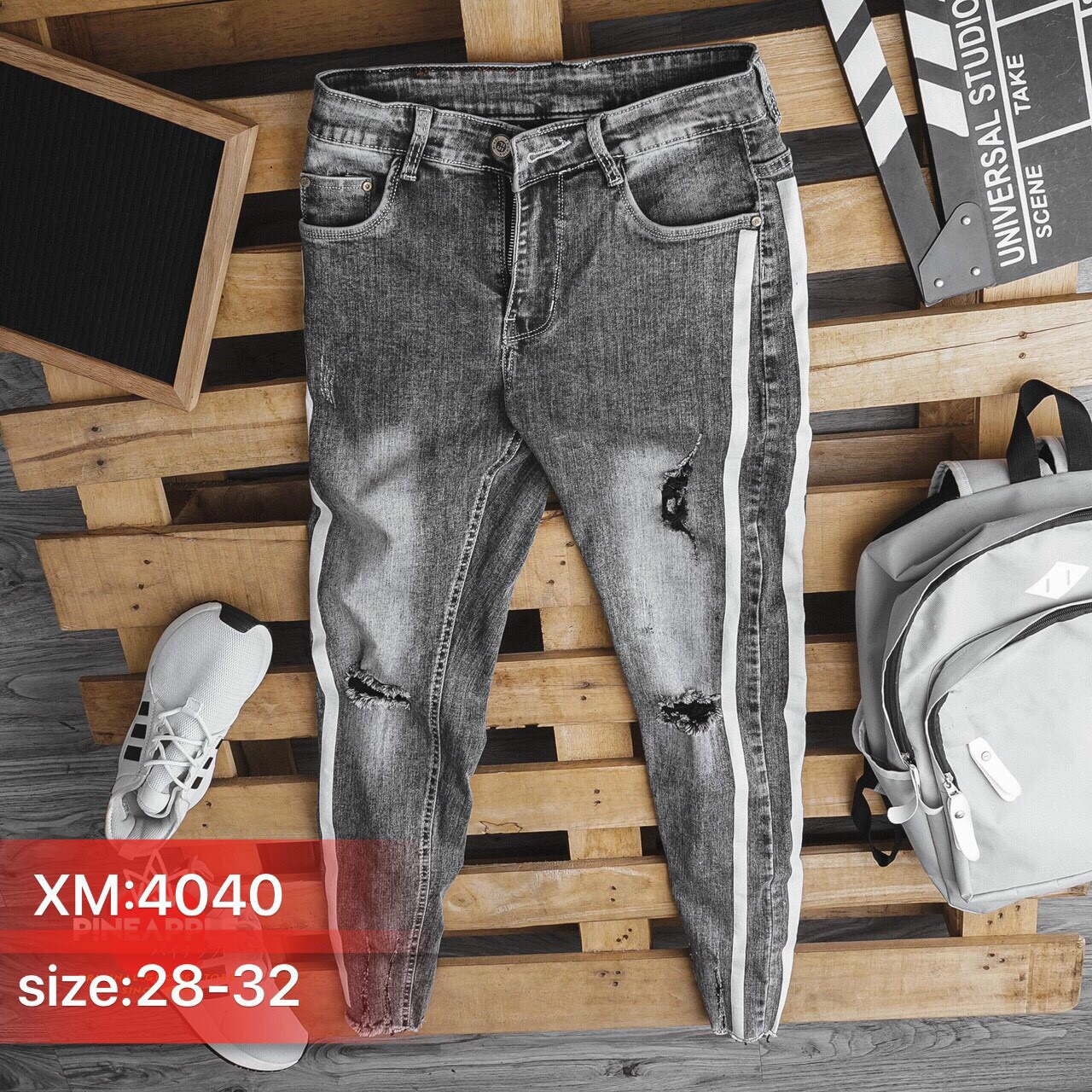 [HCM] Quần Jean Nam Xám Rách Gối Viền Line Ống Tua Chất Jean Co giãn 4040
