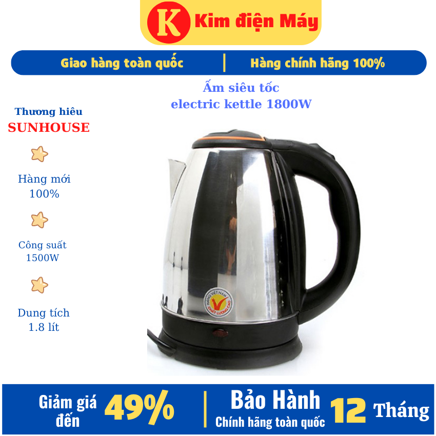 Ấm siêu tốc electric kettle 1800W-ấm đun nước siêu tốc inox-1 lít 8-bảo hành 12 tháng