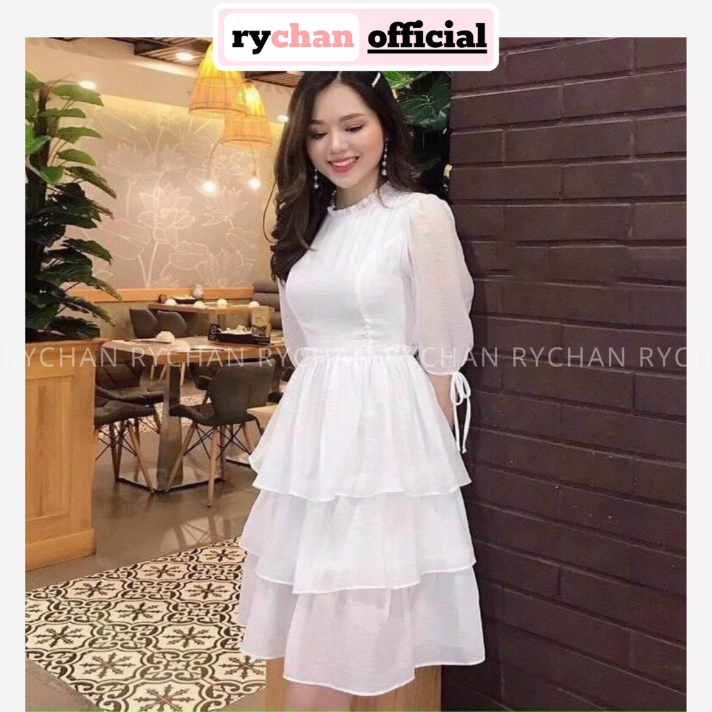 Đầm nữ dự tiệc cổ tròn phối bèo tay lỡ cột dây sành điệu, đầm nữ form ngắn dáng xòe tầng phối bèo eo màu trắng hồng đỏ – dx250