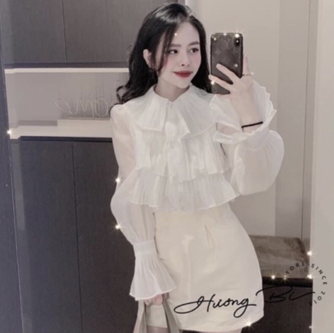 Áo sơ mi tiểu thư cổ bèo đính cúc ngọc kt_014