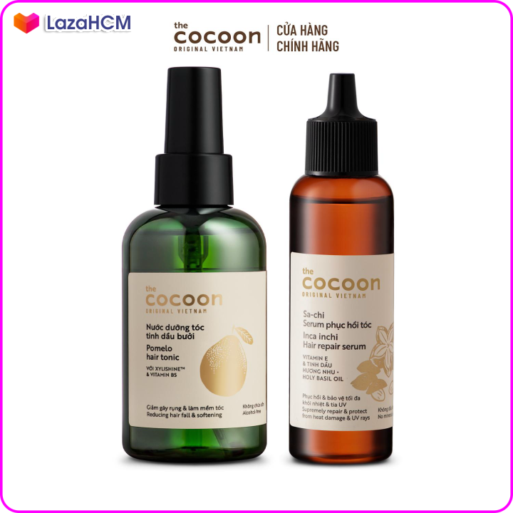 [LazaHCM] Combo Nước dưỡng tóc tinh dầu bưởi Cocoon 140ml + Sa-chi Serum phục hồi tóc Cocoon 70ml