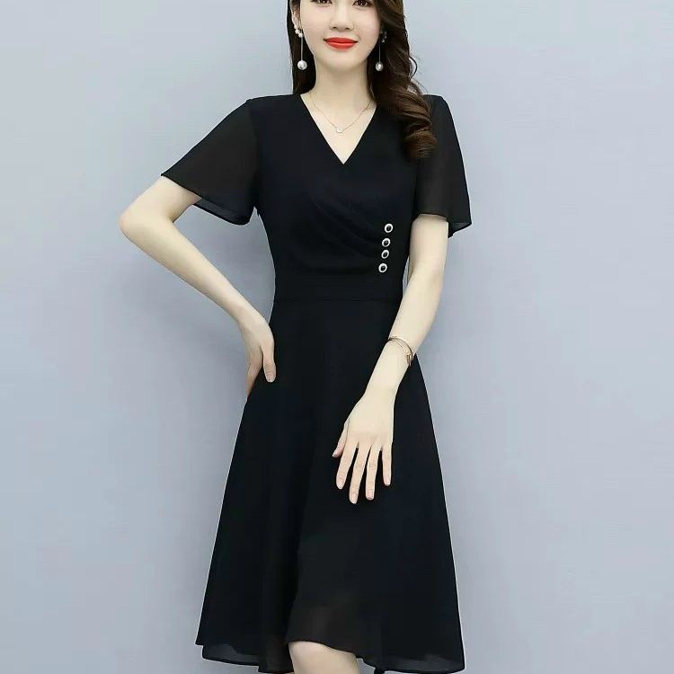 Đầm voan nữ trung niên cổ tim tay ngắn dự tiệc công sở dạo phố hồng đen đỏ đơn giản