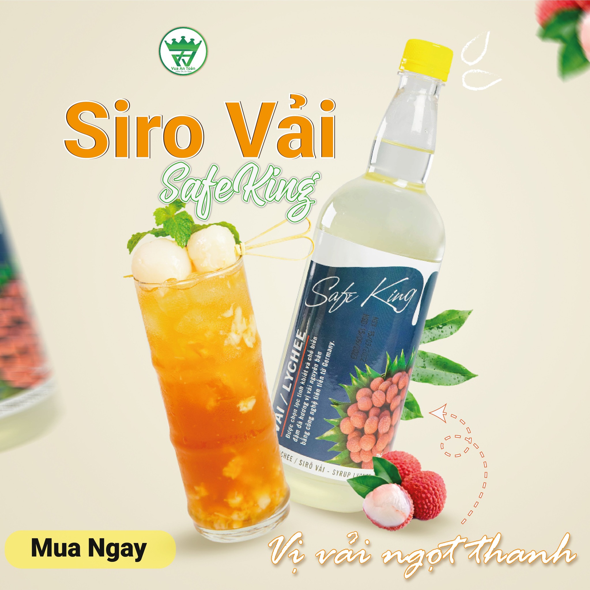 Siro vải safe king 1 lít vua an toàn- hương vị đậm đà, vị ngọt tự nhiên