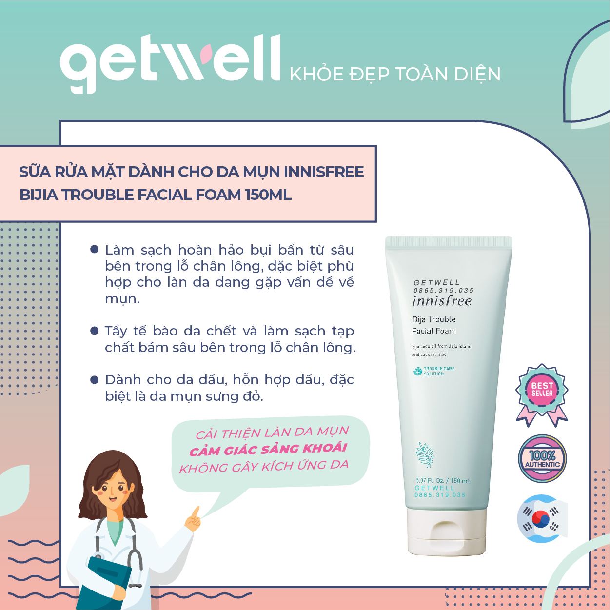 Sữa Rửa Mặt Innisfree Bija Trouble Facial Foam 150ml