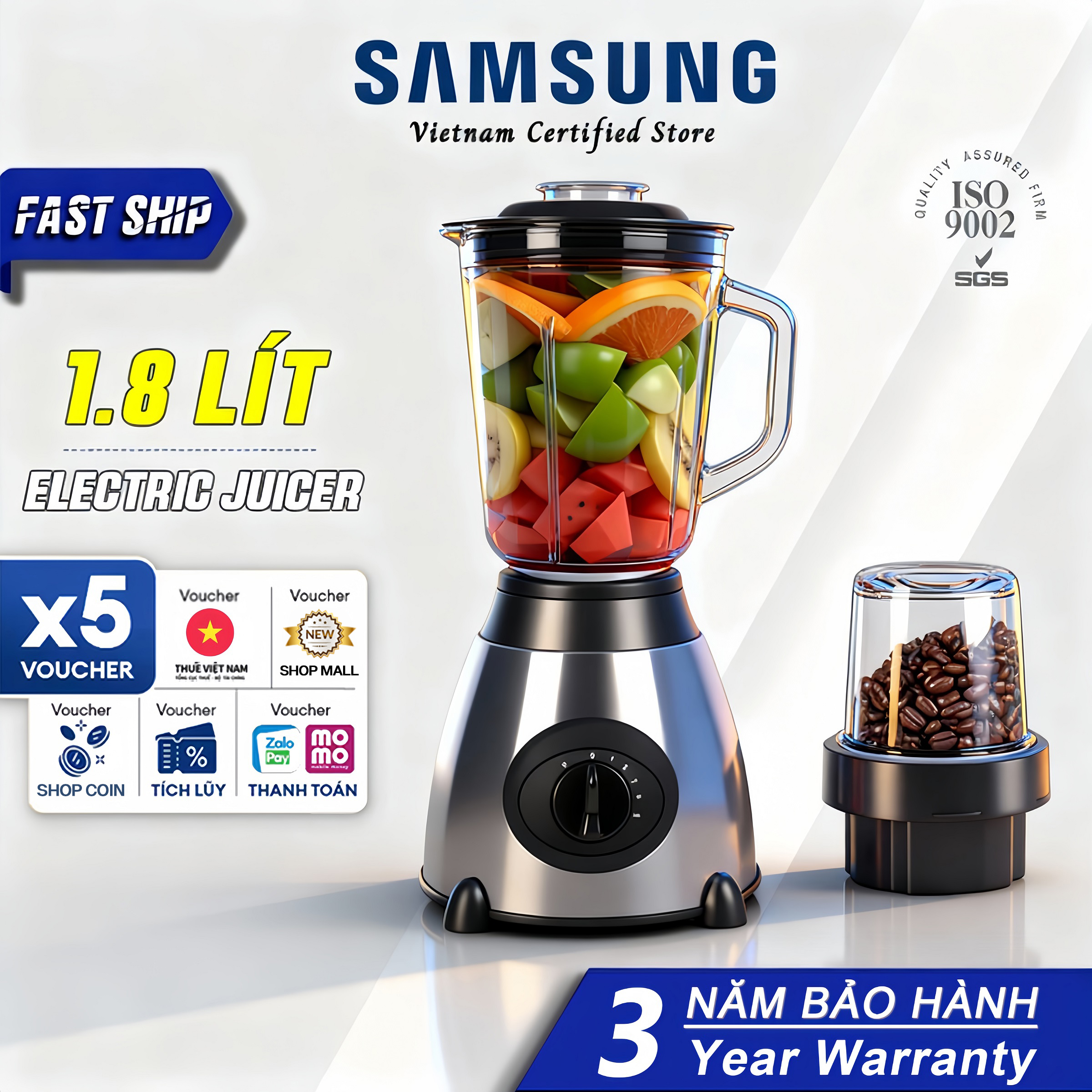 【Bảo hành 3 năm miễn phí】 Máy xay sinh tố / Máy ép trái cây 1800ML Đá bào/hạt cà phê/nước ép/rau củ, v.v.